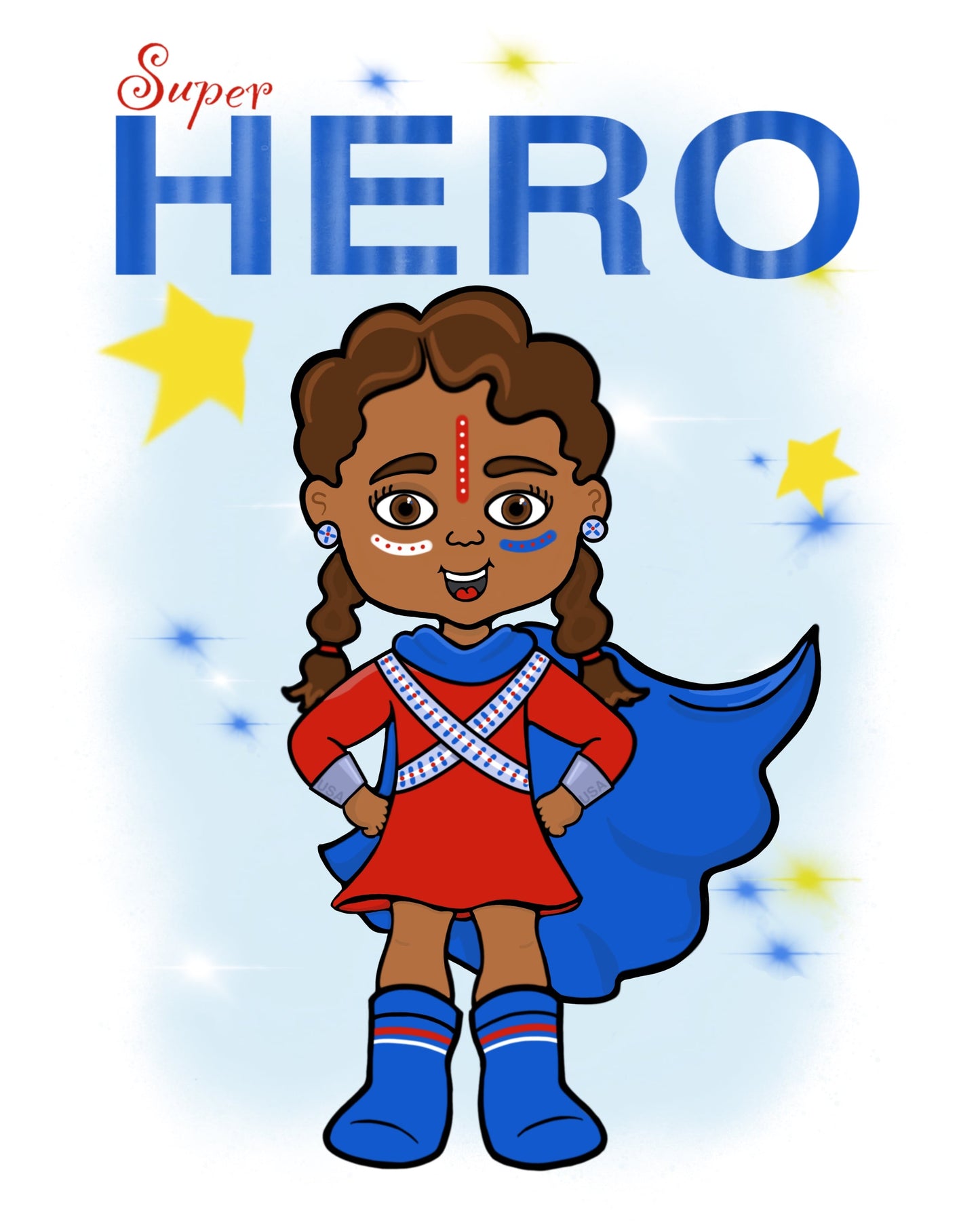 Black Superhero Girl with stars Inspirational Print