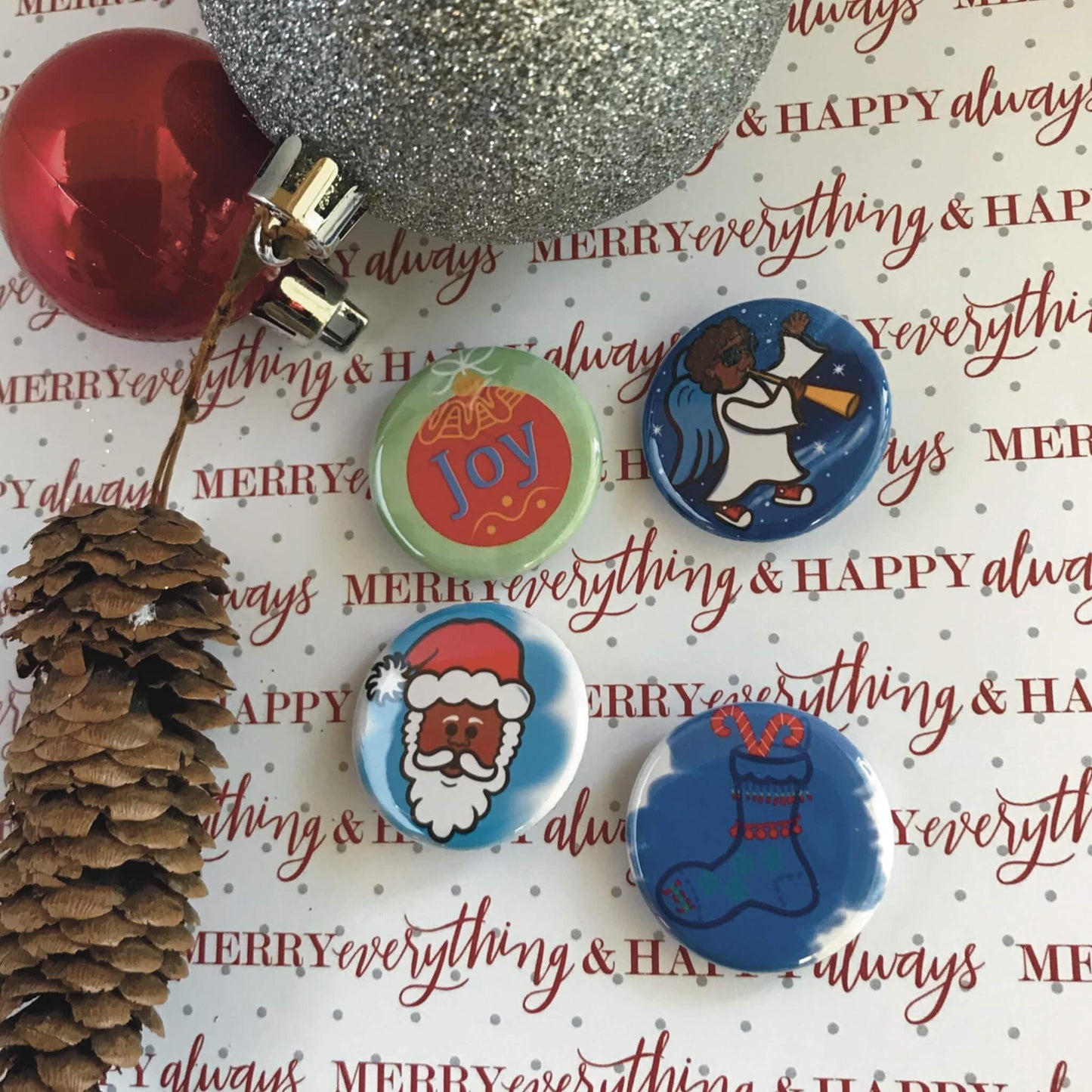 Holiday Magnets Festive Pinback Buttons Set of 4 Craft Embellishment Stocking Stuffers