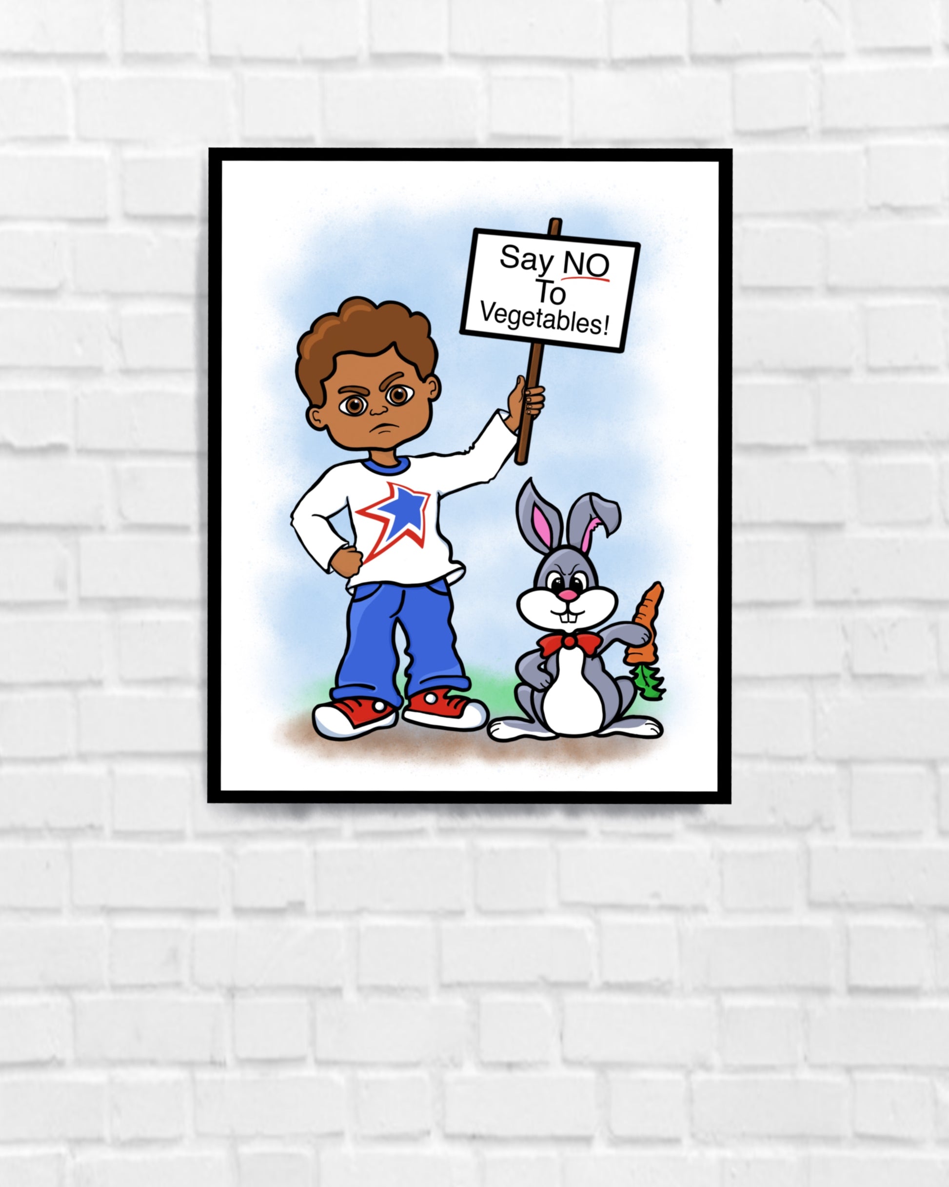 Black boy illustration whimsical no vegetables with rabbit