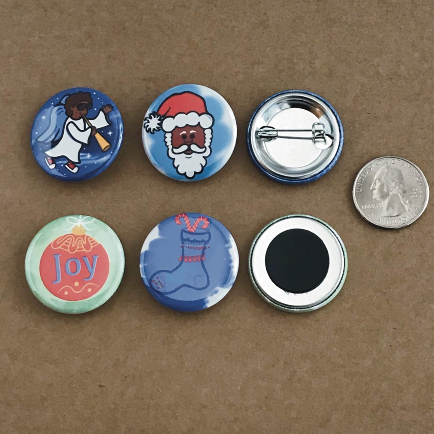 Holiday Magnets Festive Pinback Buttons Set of 4 Craft Embellishment Stocking Stuffers